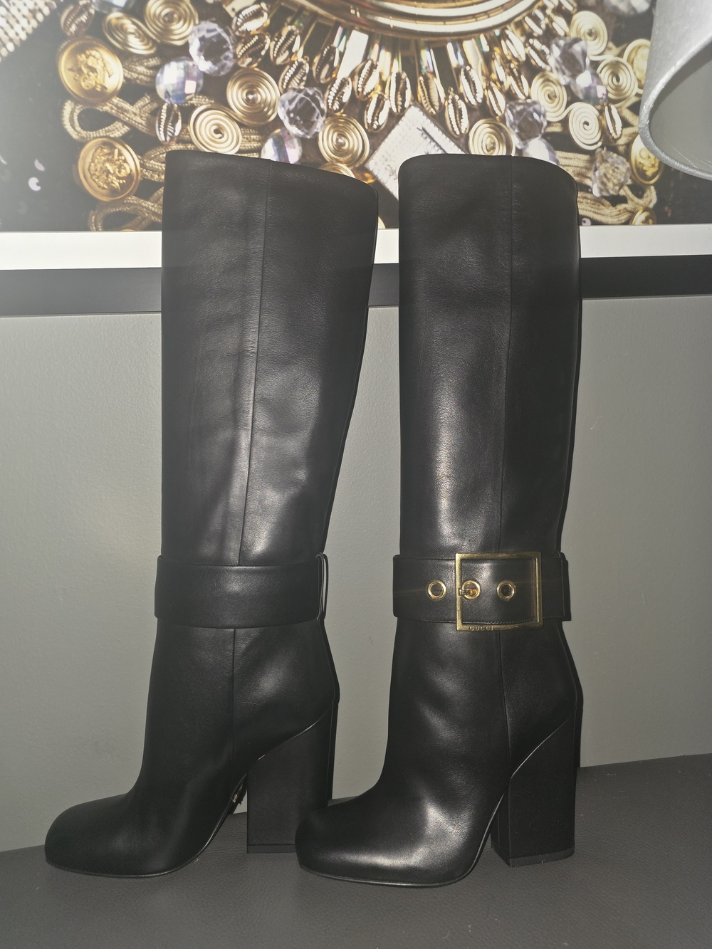 Rare Size 4 1/2 Gucci Black Patent Heel with Gold Logo Detail